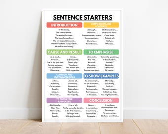 SENTENCE STARTERS POSTER, How to write an essay, Homeschool, English Classroom Poster, Educational poster, printable, digital download