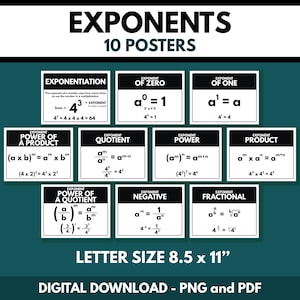 EXPONENT und EXPONENT RULES - 10er Poster-Set, Ankerdiagramm, Kurzanleitung, mathematische Regeln, Buchstabengröße, Klassenzimmerdekor, digitaler Download