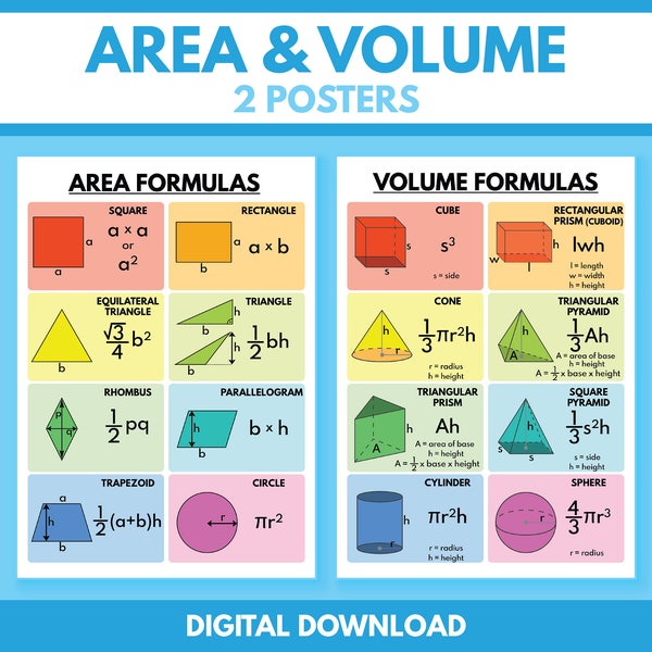 AREA & VOLUME FORMULAS - Set of 2 Posters, Geometry Educational Poster, Math Classroom Wall Art, Digital Download