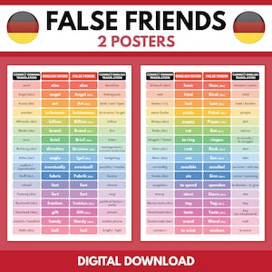 Deutsche Sprache, FALSCHE FREUNDE - 2er-Set Poster, Vokabeltabelle, Deutsch lernen, Klassenzimmer Dekoration, Lernposter, Digital Download