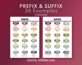 PREFIX and SUFFIX poster, English Grammar Chart for Homeschool, English Classroom Poster, Educational poster, printable, digital download