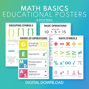 May include: Four educational posters titled "Math Basics" with colourful graphics. Topics include grouping symbols, basic operations, order of operations, and math symbols. The posters are a digital download.