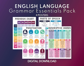 ENGLISH GRAMMAR, Set of 4 Posters: Parts of Speech + Punctuation + Pronouns Chart + Descriptive Words, Digital Download