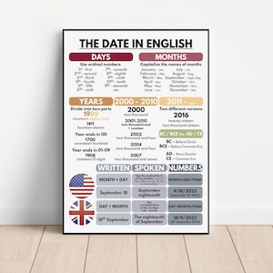 ENGELS DATUM Leertabel - educatieve poster, Engelse taal, leermiddel, klasdecor, afdrukbare digitale download