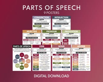 May include: A set of nine educational posters on a burgundy background. The posters cover parts of speech, including conjunctions, adjectives, pronouns, prepositions, verbs, nouns, and adverbs. The text "PARTS OF SPEECH" and "DIGITAL DOWNLOAD" are also visible.