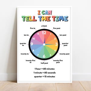 Poster didattico &quot;Impara a leggere l&#39;ora&quot;, Orologio con che ore sono?, Strumento didattico, Colori pastello arcobaleno, Decorazione da parete per l&#39;aula, Download digitale