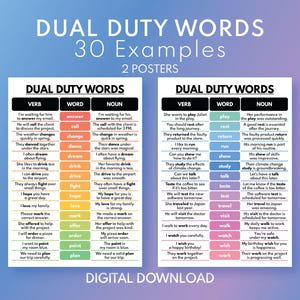 DUAL DUTY WORDS - Verbs and Nouns - Set of 2 Posters, English Vocabulary Chart, Classroom Wall Decor, Educational Posters, Digital Download