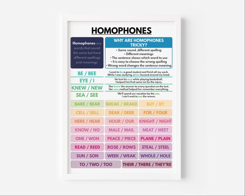 Row Homophone HOMOPHONES POSTER, English Language, Grammar Chart, Correct Spelling ...