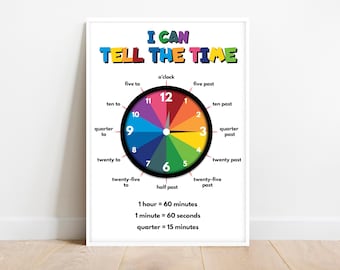 Learn to TELL TIME educational poster, What Time Is It? Clock, Teaching Tool, Rainbow colors, Classroom Decor, Printable, digital download