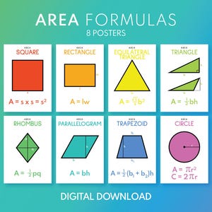 AFFICHES VAN GEBIEDSFORMULES, set van 8 posters, educatieve poster geometrie, poster wiskundeles, digitale download