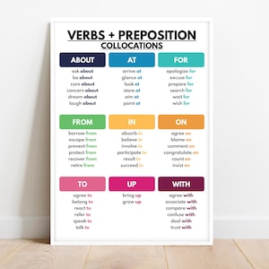 VERBS + PREPOSITION COLLOCATIONS, Grammar Chart, Homeschool, English Language Arts, Classroom Wall Art, Educational Poster, Digital Download