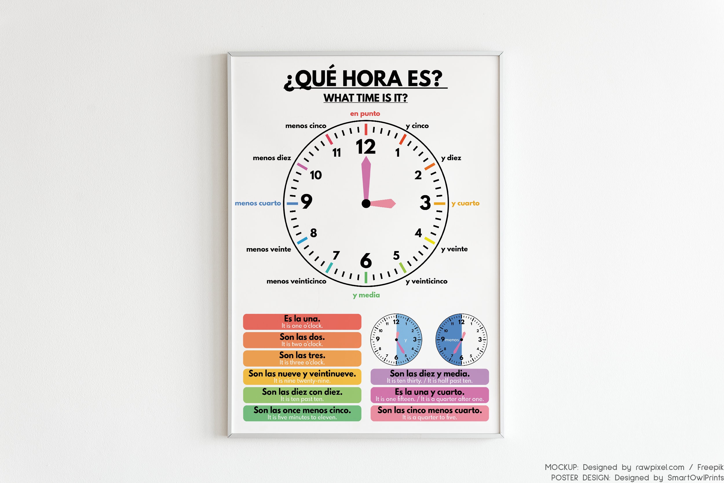 Telling Time Spanish Clock Poster for Kidseducational 