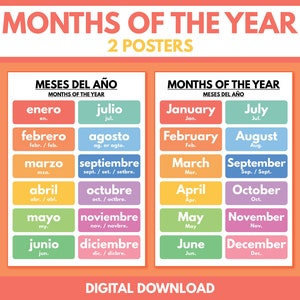 Spanish language, MONTHS of THE YEAR - Set of 2 Posters, Spanish Classroom Poster, Educational poster, Digital Download