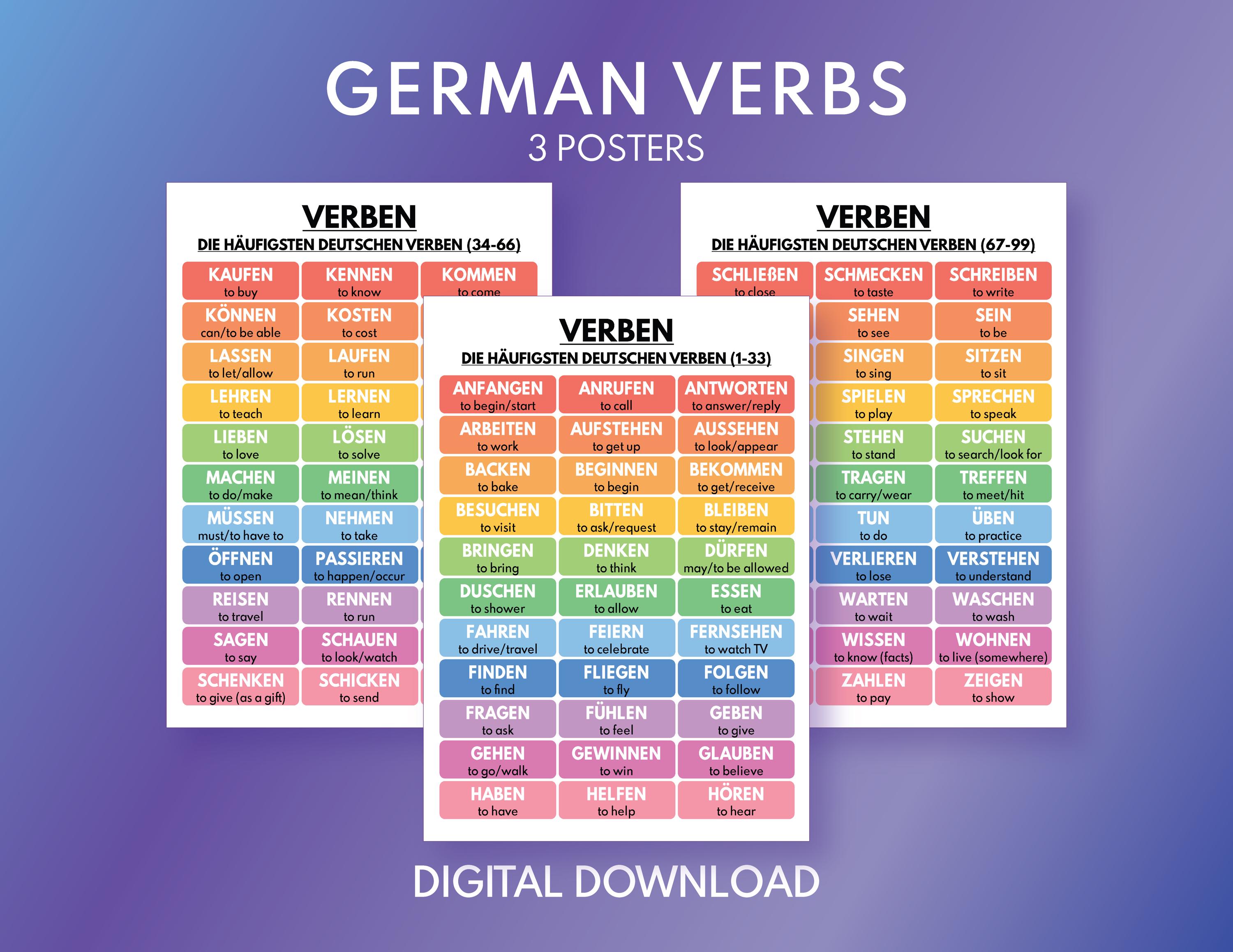 German Language, MOST USED VERBS in German, 99 German Verbs Chart ...