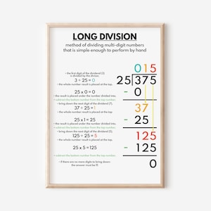 LONG DIVISION-poster, afdrukken, educatieve poster voor kinderen, wiskunde, regenboogkleuren, klasposter, afdrukbaar, digitale download