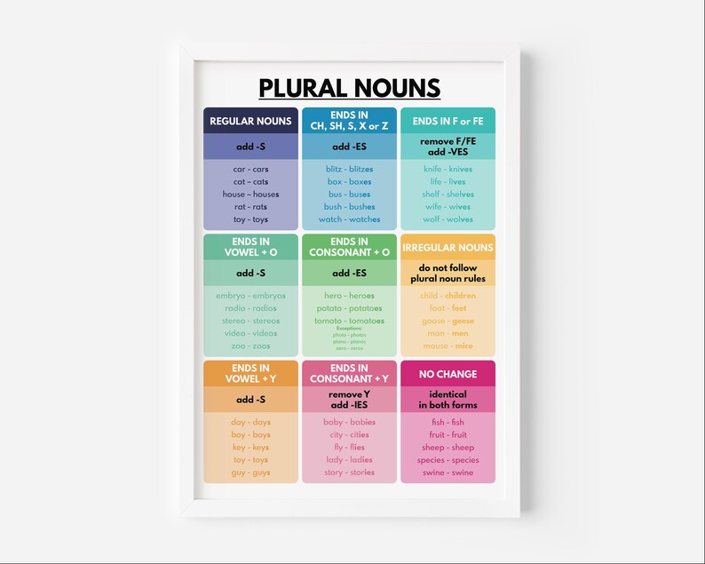 Buy PLURAL NOUNS POSTER, Grammar Anchor Chart for Homeschool, Classroom ...