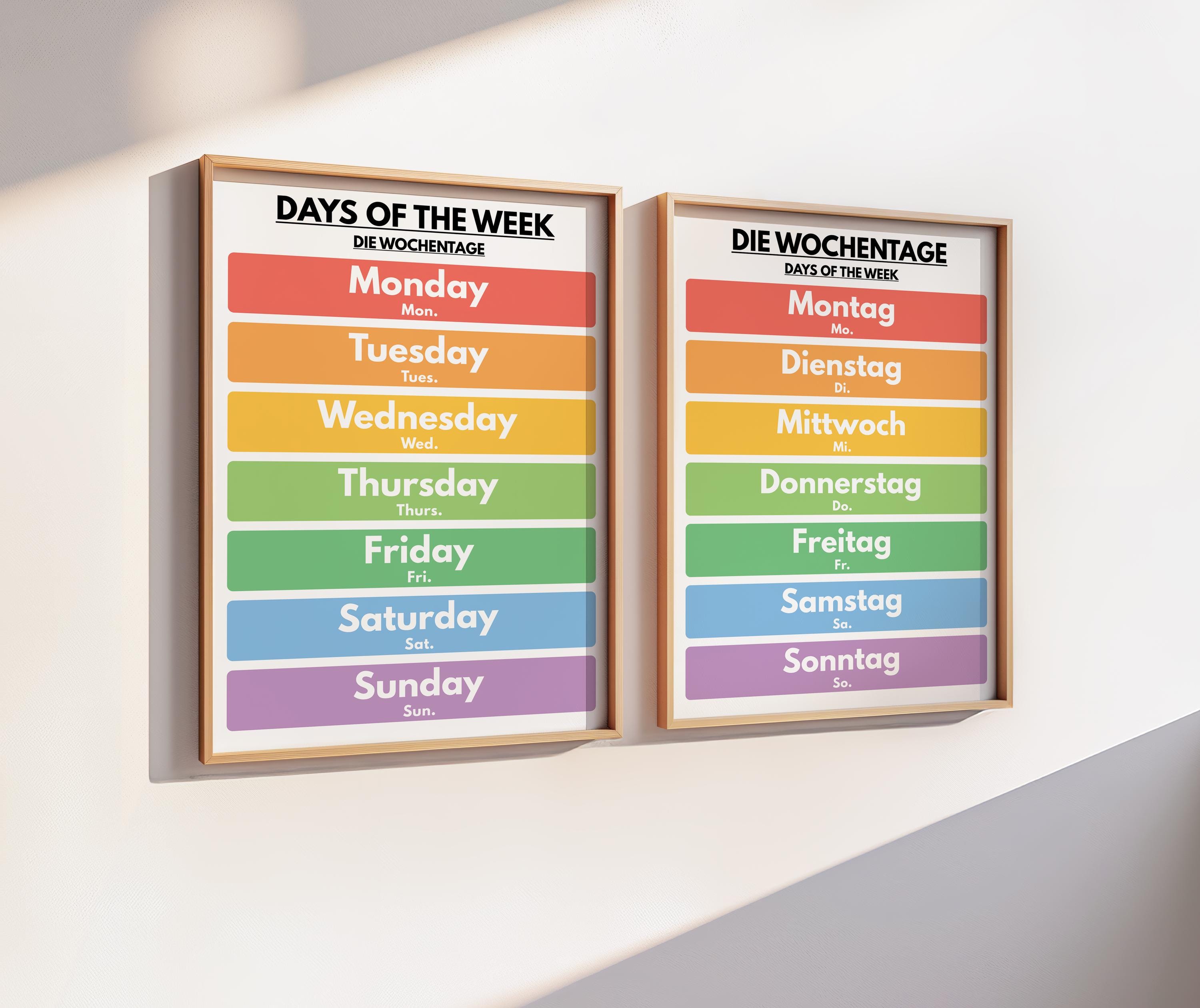 German Language, DAYS of THE WEEK in German, 2 Posters Set, German ...
