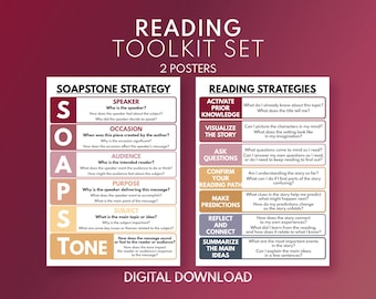 May include: A digital download set of two educational posters. The posters feature reading strategies and the SOAPStone strategy for analyzing texts. The posters are designed with a maroon and white color scheme and include text such as "Reading Toolkit Set" and "Digital Download."