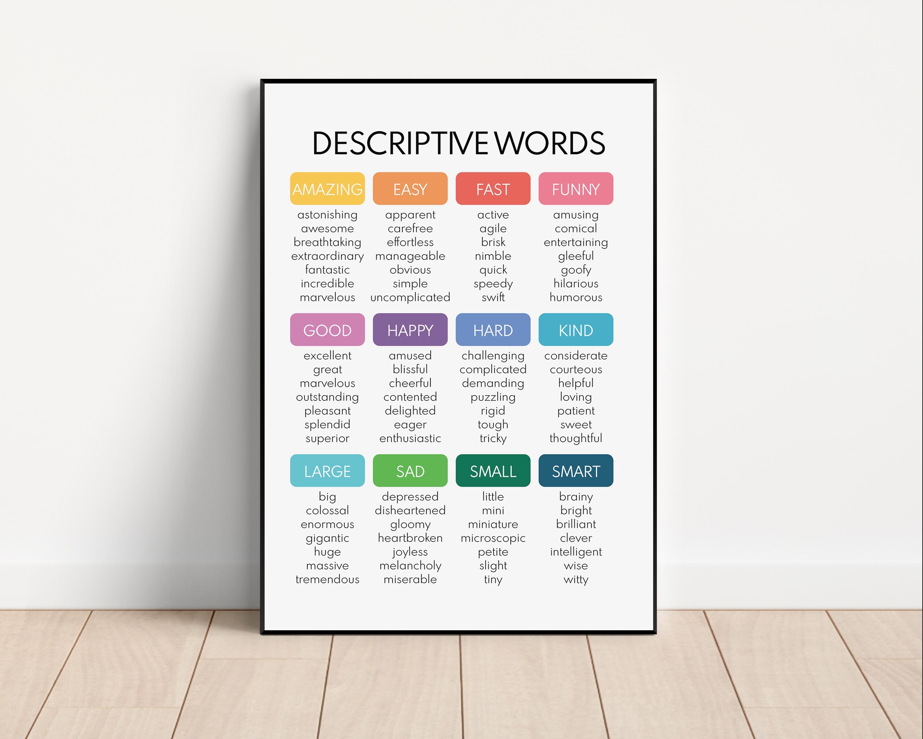 Discriptiv Poster DESCRIPTIVE WORDS POSTER, Grammar Chart for Homeschool, English ...