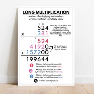 LONG MULTIPLICATION POSTER, Educational poster for kids, Math Classroom, Digital Download