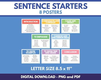 SENTENCE STARTERS - Set of 8 Colorful Posters, Essay Writing, Homeschool, English Classroom, Educational poster, printable, digital download
