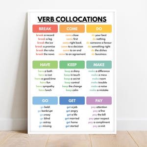 VERB COLLOCATIONS, Grammar Chart for Homeschool, Classroom Poster, Educational poster, printable, digital download