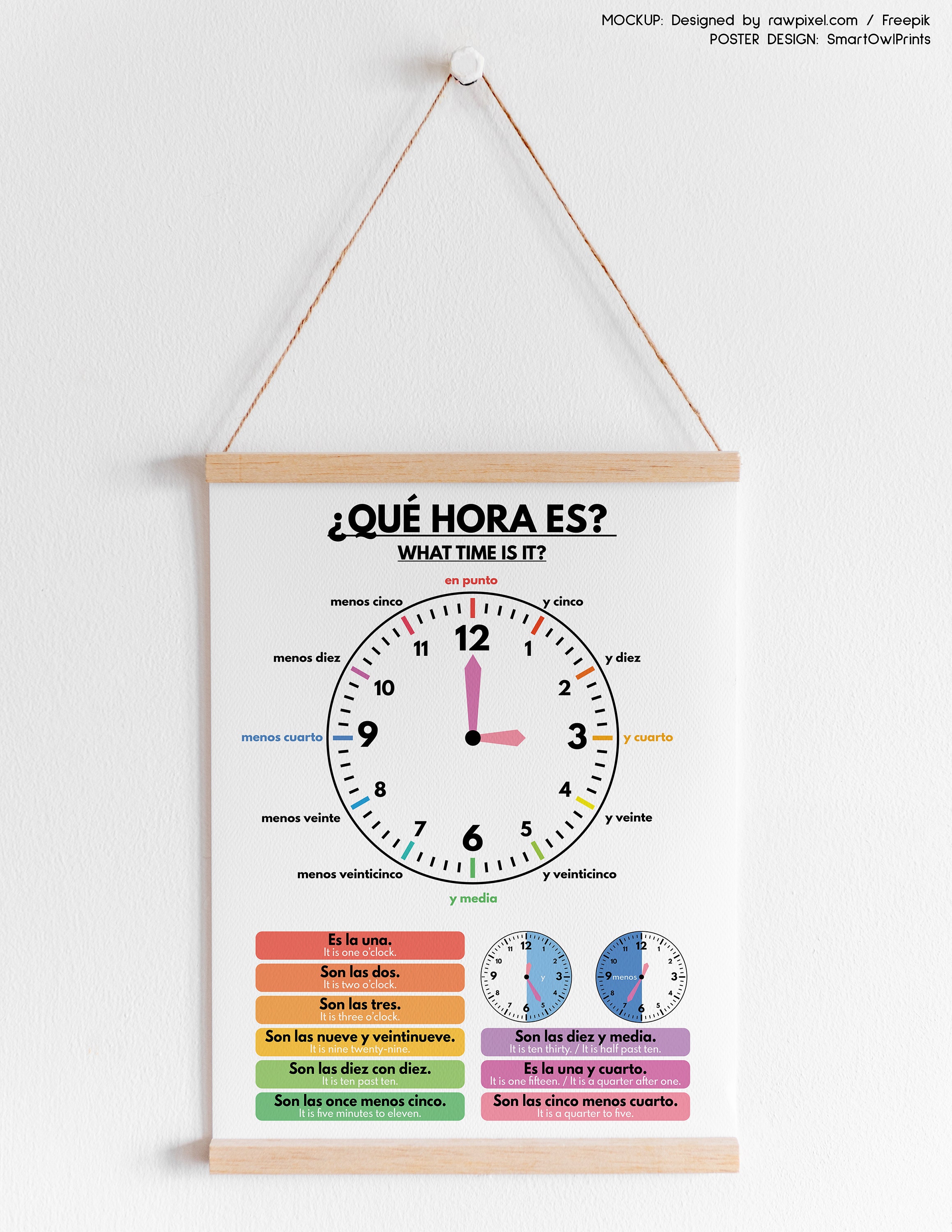 Telling Time Spanish Clock Poster for Kidseducational 