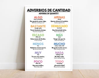 Spanish language, ADVERBS OF QUANTITY, Grammar Chart Poster - Homeschool and Classroom Educational Tool, Students Handouts, Digital Download