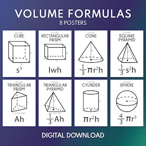 VOLUME FORMULAS 8er Set Poster, 3D Geometrie, 3D Formen, Lernposter, Klassenzimmer Wand Kunst Poster, bedruckbar, digitaler Download