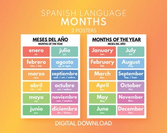 Spanish language, MONTHS of THE YEAR - Set of 2 Posters, Spanish Classroom Poster, Educational poster, Digital Download