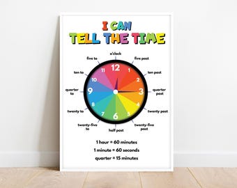 Learn to TELL TIME, Educational Poster, What Time Is It? Telling Time, Teacher Resources, Rainbow Colors, Classroom Decor, Digital Download