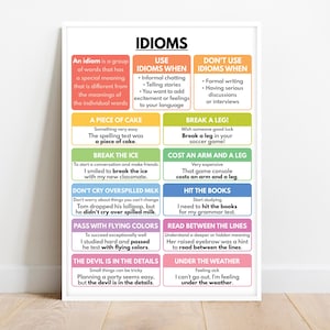 IDIOMS POSTER, English Language, Learn English, Homeschool, English Classroom Poster, Educational Poster, Digital Download