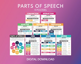 May include: A set of nine educational posters on the parts of speech, including conjunctions, interjections, adjectives, pronouns, prepositions, verbs, nouns, and adverbs. The posters are colorful and feature definitions and examples. The words "Parts of Speech" and "Digital Download" are also visible.