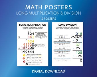 LONG MULTIPLICATION and DIVISION posters, Educational posters for kids, Teaching Resources, Classroom Decor, Printable, digital download