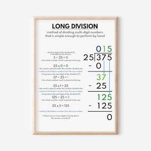 LANGE DIVISIE poster, print, Educatieve poster voor kinderen, Wiskunde, Regenboogkleuren, Klaslokaal Poster, Afdrukbaar, digitale download