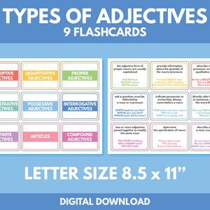 Puede incluir: Nueve tarjetas de memoria coloridas con borde negro y texto blanco. Cada tarjeta presenta un tipo diferente de adjetivo, con una definici&oacute;n y un ejemplo. Las tarjetas est&aacute;n etiquetadas: Adjetivos descriptivos, Adjetivos cuantitativos, Adjetivos propios, Adjetivos demostrativos, Adjetivos posesivos, Adjectivos interrogativos, Adjetivos indefinidos, Art&iacute;culos y Adjetivos compuestos. El texto en la parte inferior de la imagen dice "Tama&ntilde;o de la letra 8,5 x 11" y "Descarga digital".