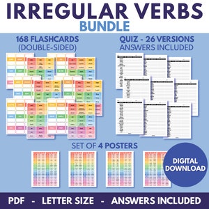 May include: A digital download bundle for learning irregular verbs. It includes 168 double-sided flashcards, 26 versions of a quiz with answers, and a set of 4 posters. The flashcards, quizzes, and posters feature a rainbow color scheme.
