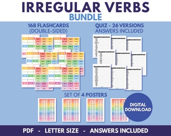 PAQUETE DE VERBOS IRREGULARES - 26 fichas de prueba + respuestas, tarjetas didácticas, juego de 4 pósteres, tabla gramatical para educación en casa, descarga digital
