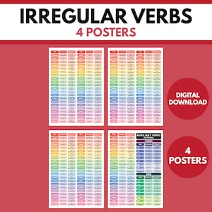 Deutsche Sprache, UNREGELMÄßIGE VERBEN + Hilfsverben - 4 Poster Set, Grammatiktabelle, Zeitformen, Lernposter, digitaler Download