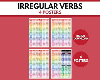 May include: Four educational posters titled "Irregular Verbs" with a red border. Each poster displays verb conjugations in a grid format, with color-coded sections. The words "Digital Download" and "4 Posters" are also visible.
