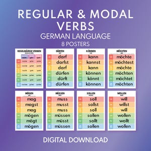 Langue allemande, VERBES RÉGULIERS et MODAUX, conjugaison, tableau de grammaire, salle de classe d'allemand, affiches éducatives, imprimable, téléchargement numérique