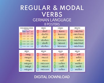 German language, REGULAR and MODAL VERBS, Conjugation, Grammar Chart, German Classroom, Educational posters, printable, digital download