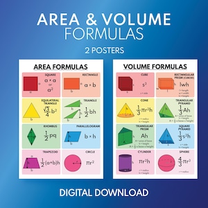 AREA & VOLUME FORMULAS, Geometry, Geometric Shapes, Educational posters, Math Classroom Wall Decor, Printable, digital download