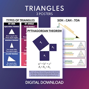 Geometry Triangles Poster Set: Types of Triangles, Pythagorean Theorem, SOH CAH TOA (Digital Download)