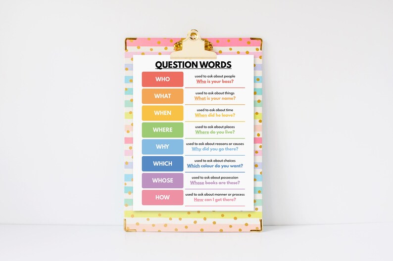 Question Words Table ENGLISH QUESTION WORDS Poster, English Language, Grammar Chart for ...