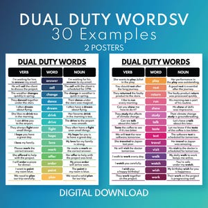 DUAL DUTY WORDS - Verbs and Nouns - Set of 2 Posters, English Vocabulary Chart, Classroom Wall Decor, Educational Posters, Digital Download