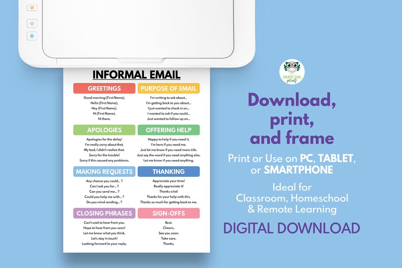 Informal Email Writing Phrases Poster: English Classroom Homeschool ...