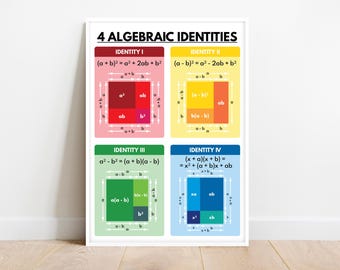 FOUR ALGEBRAIC IDENTITIES, Educational posters, Math Classroom Wall Art Poster, Algebra Bulletin Board Ideas, digital download