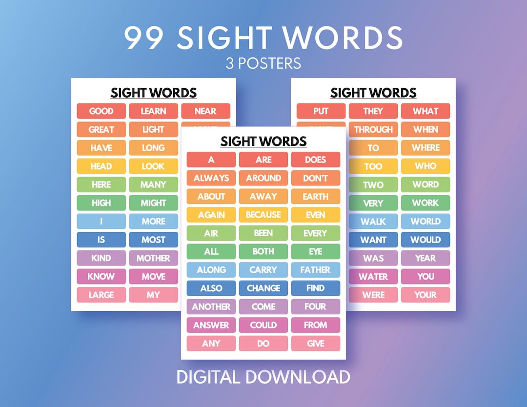 SIGHT WORDS- Set of 3 Posters, 99 Words, Reading Skills, English ...