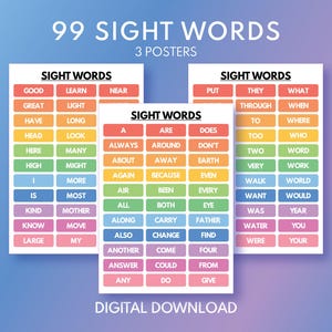 SIGHT WORDS- Set of 3 Posters, 99 Words, Reading Skills, English Language Arts, Classroom Wall Decor, Educational posters, digital download